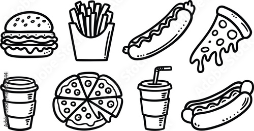 Hand Drawn Fast Food Doodle Icon Set with Burger, Pizza, Hot Dog, Fries, and Drinks Vector Illustration