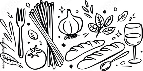 Hand Drawn Italian Food Ingredients Doodle with Pasta, Wine and Bread Vector Illustration