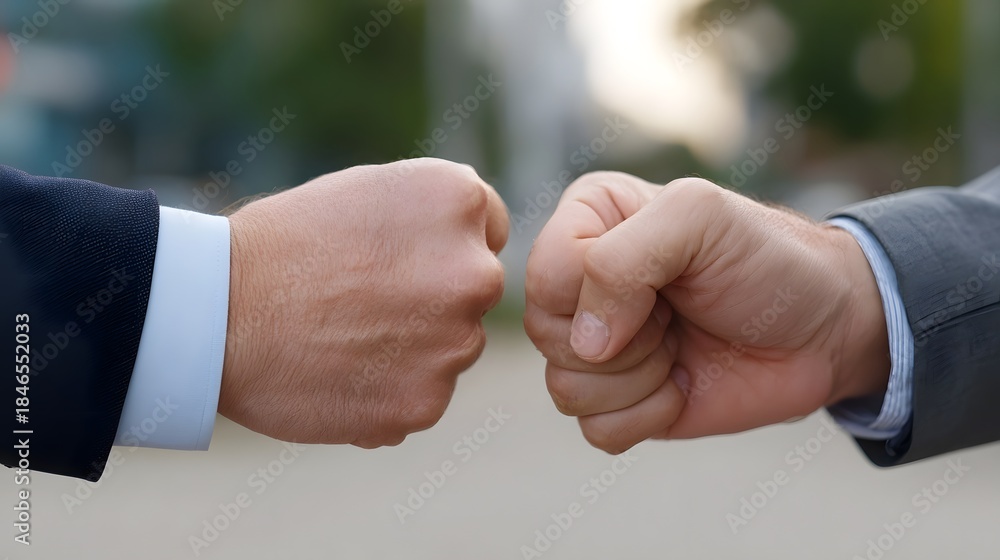 Fototapeta premium Two businessmen in suits performing a fist bump symbolizing agreement and partnership