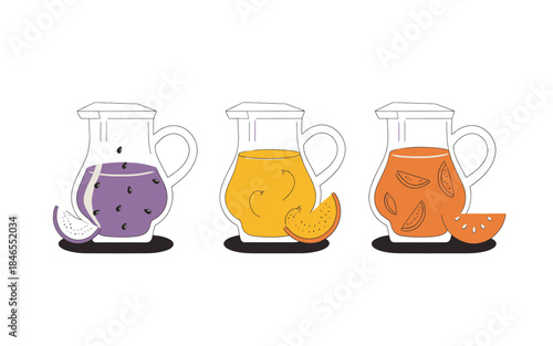 Fruit juice pitchers illustration, colorful beverages, fresh slices, minimal kitchen art, healthy drink concept set vector design collection