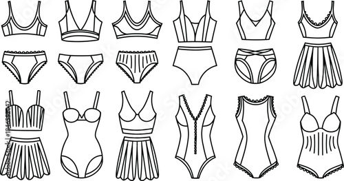 Women Lingerie and Swimwear Line Art Vector Icon Set