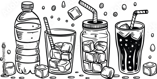 Hand Drawn Refreshing Beverage Doodle Set with Water Bottle, Soda Glass, Mason Jar, and Ice Cubes Vector Illustration