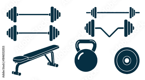 Gym fitness equipment icon set illustration, dumbbells kettlebell barbell bench press weights symbols, strength training workout graphics for fitness, bodybuilding, and gym branding designs