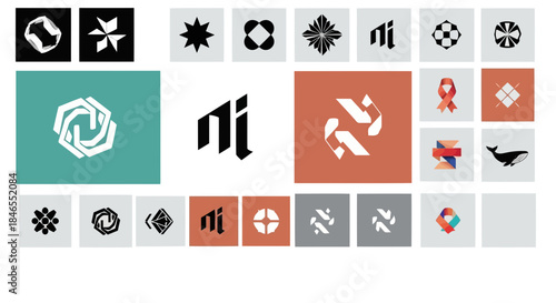 Collection of various abstract geometric shapes and icons in different colors and styles