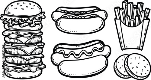 Fast Food Vector Set, Hand Drawn Doodle Giant Burger, Hot Dogs and French Fries Sketch