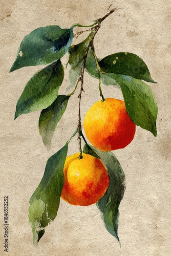 Vintage botanical illustration of orange branch with ripe oranges, watercolor citrus fruit painting on textured antique paper, natural food art background