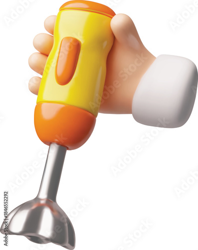 Submersible mixer in hand, immersion blender 3D vector, household kitchen appliance for chopper, blending and mixing