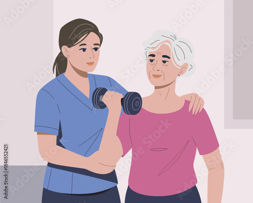 Senior fitness therapy illustration showing caregiver assisting elderly woman with strength exercise rehabilitation support balance wellness