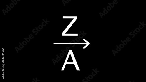 Alphabetical order shows letters transform in minimalist black background or z to a letters arrow progress displayed in simplicity black background