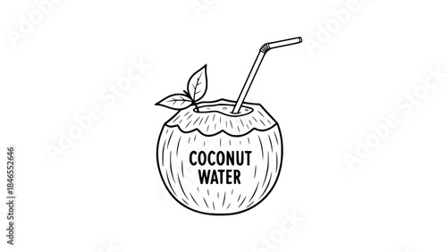 Black outline coconut displays straw or Opened coconut reveals straw drink against plain background