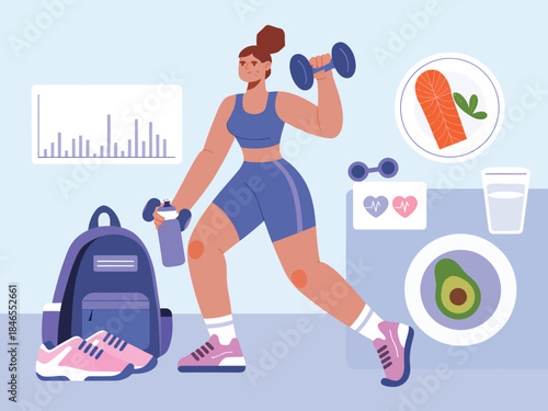 Woman fitness workout illustration showing healthy lifestyle strength training nutrition hydration wellness routine in modern flat design