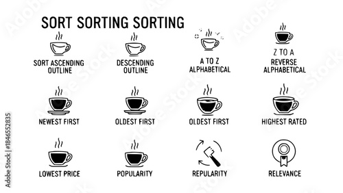 Coffee cups depicting sorting options in clean vector style or steaming cup icons indicate different ranking criteria in minimal style