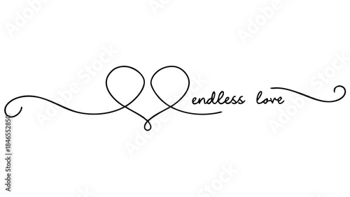 Minimalist black and white illustration of intertwined hearts with endless love text on white