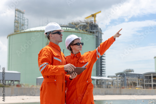Engineers in orange safety uniforms and helmets reviewing project direction at an industrial site near water, representing teamwork, planning, infrastructure development in the energy sector.