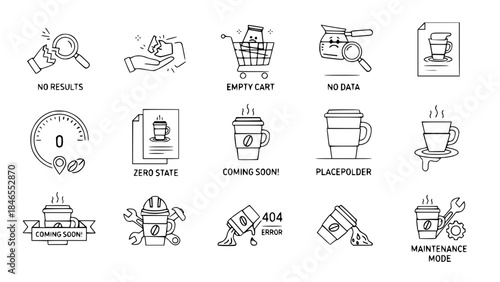 Coffee icons demonstrate multiple service states in line art or various coffee status illustrations showing different conditions