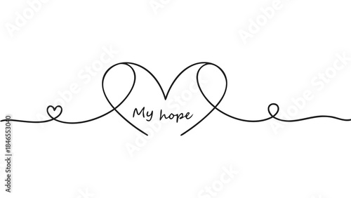 Continuous line drawing of two linked hearts with my hope inscription on white background