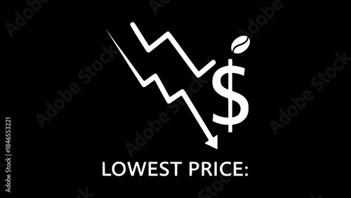 Falling coffee price graph with dollar displays finance decrease on dark background or Coffee bean tops dollar symbol depicting market decline on black background