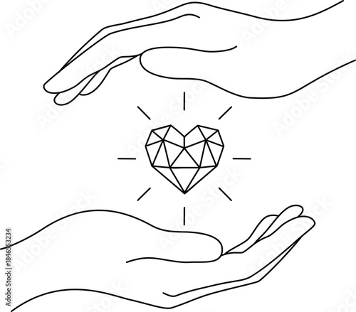Line Art Hands Holding Geometric Diamond Heart Symbol for Protection and Care