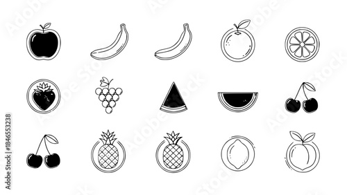 Fresh fruits display variety in outline style on white background or Linear drawings of assorted fruits decorate a simple white scene