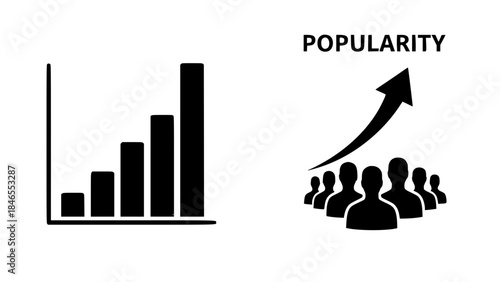 Increasing bar graph displays growth alongside group trending upward or rising business chart demonstrates popularity with growing crowd and arrow