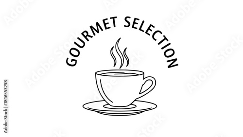 Hot beverage cup steams inside dish against gourmet selection text logo or Cup of tea steams on saucer within gourmet selection text branding
