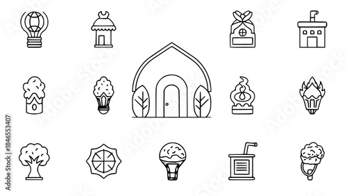 Outline icons portray various concepts in white backdrop or Line drawing represents different idea symbols on bright background