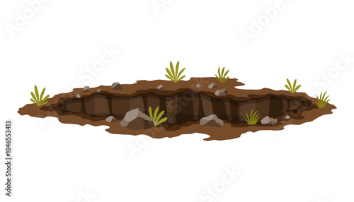Hole ground. Works digging of sand coal waste rock or gravel. Brown, dry mine element of landscape. Cartoon illustration