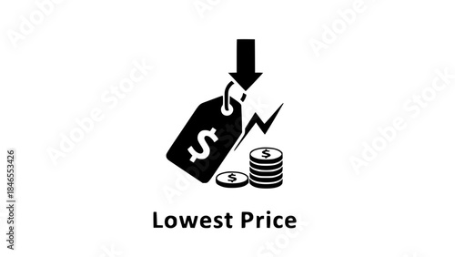 Price tag descends near coins representing lower prices on white or Black label drops near money pile illustrating price reduction on white