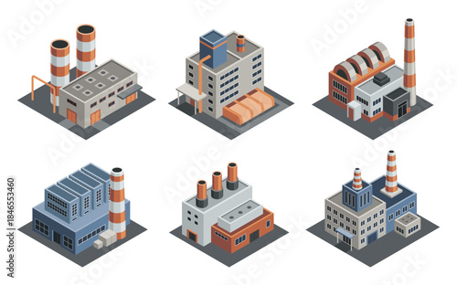 Factory isometric. Architecture of manufactures houses. Industrial buldings. 3d isolated icons. Concept of industrial working plants with chimney pipe tower