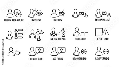 Social media icons depict user interactions illustrating various platform actions or social media icons display network interactions outlining friendship management or relationship handling