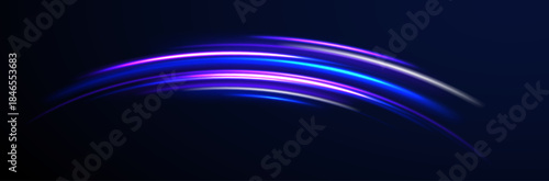 PNG. Red blue motion police line, blurred car light motion effect, city road background with long exposure night lights with dynamic flashlight red and blue colors on black