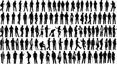 Walking people silhouettes crowd set showing men and women in motion for urban lifestyle, pedestrian movement, and city concept.