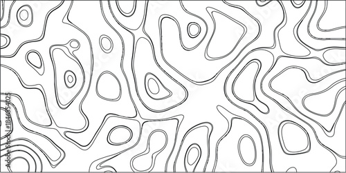Black and white abstract contour lines forming an organic, fluid, and irregular pattern on a white background, resembling topographic maps or cellular structures for diverse design applications