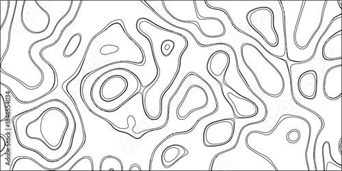 Black and white abstract contour lines on a white background, showcasing organic, flowing shapes resembling topographic maps or cellular structures