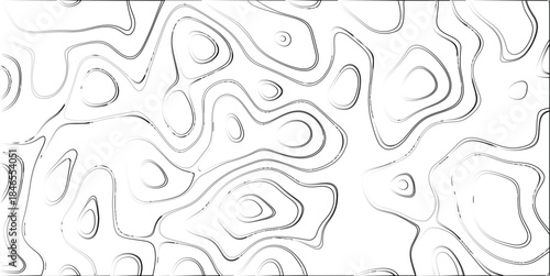 Black and white topographic contour lines on a white background, forming an intricate, organic, and abstract pattern with a textured appearance, ideal for graphic design and artistic backgrounds
