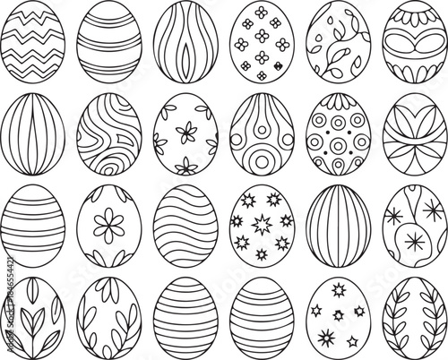 Collection of decorative Easter eggs with various patterns in black line art on transparent background