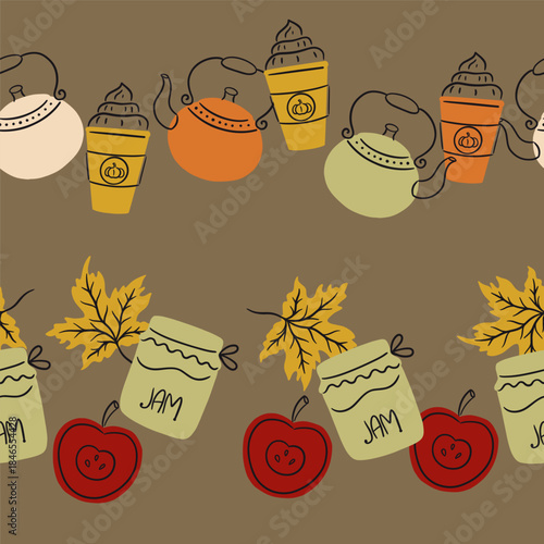 Autumn Food Items Vector Seamless Horizontal Borders Set
