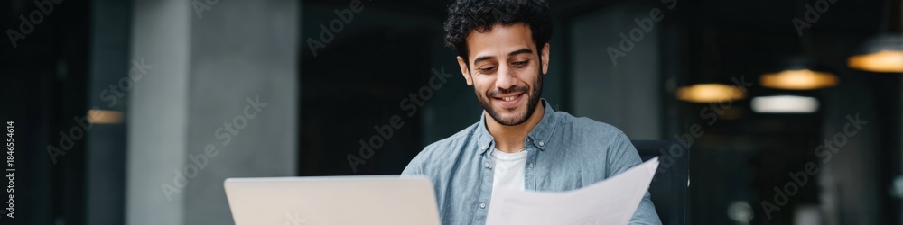 Fototapeta premium Young adult caucasian male smiling at laptop screen while holding documents