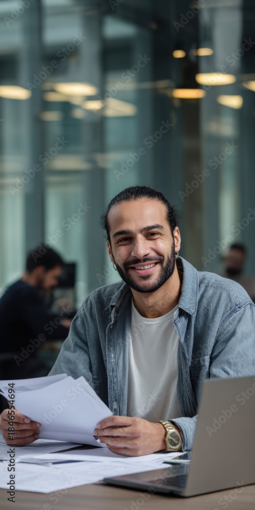 Fototapeta premium Young caucasian male smiling in casual office setting holding papers