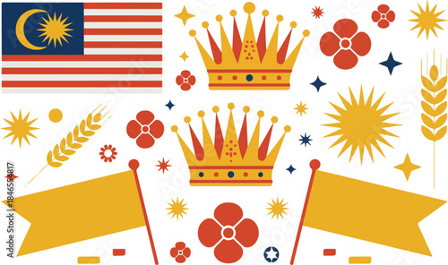 malaysia independence day elements with flag crowns wheat and flags celebrating national pride