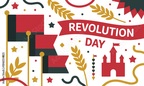 revolution day illustration with flags castle and laurel wreaths celebrating national change