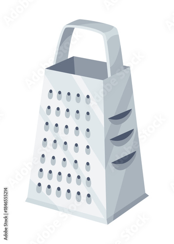 Stainless steel kitchen prep tool, Reflective box grater for versatile shredding, Professional kitchen scene featuring stainless steel grater with multiple culinary uses