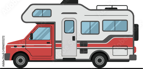 Red and white camper van RV recreational vehicle for travel and vacation on road journey transport