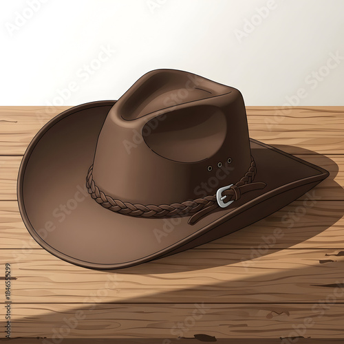 Brown leather cowboy hat on wood.