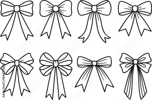 Set of eight elegant ribbon bows in line art style vector illustrations on transparent background