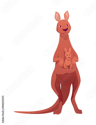Kangaroo character posing. Adult kangaroo with pouch standing. Vector flat cartoon animal of australian fauna and wildlife, isolated on white background