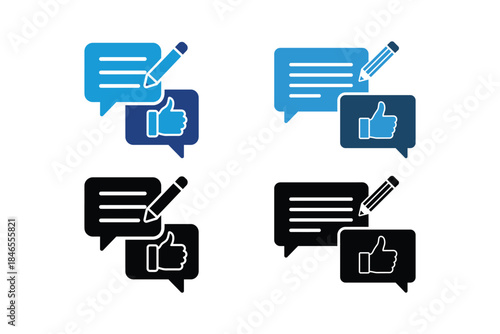 colored speech bubbles with thumbs up and pencils icons