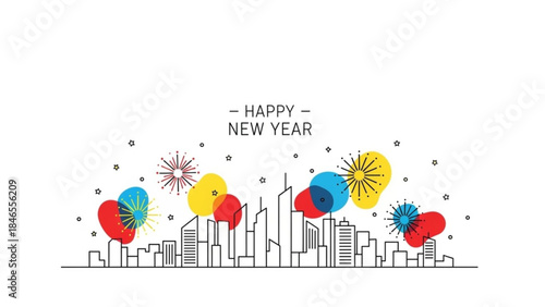 New Year Celebration in the City: An urban skyline comes alive with a festive display of fireworks and balloons, celebrating the dawn of a new year. A cheerful and graphic illustration.