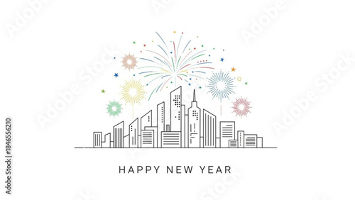 New Year's Eve Cityscape Fireworks: A minimalist illustration of a city skyline adorned with celebratory fireworks, heralding the arrival of a new year.