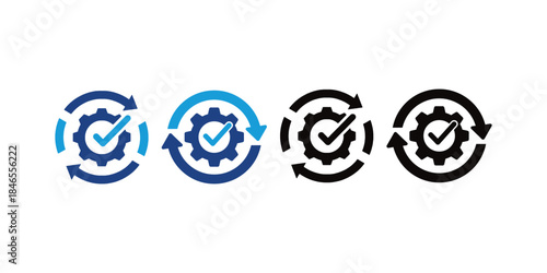 gear icons with check marks and arrows  workflow symbols